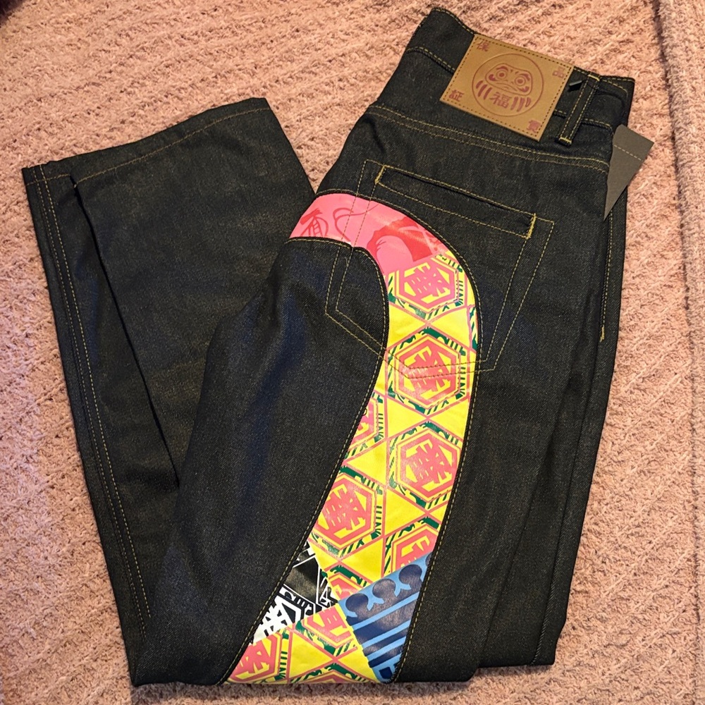 Evisu Women's Straight Leg Jeans - Black with Multicolor Accents